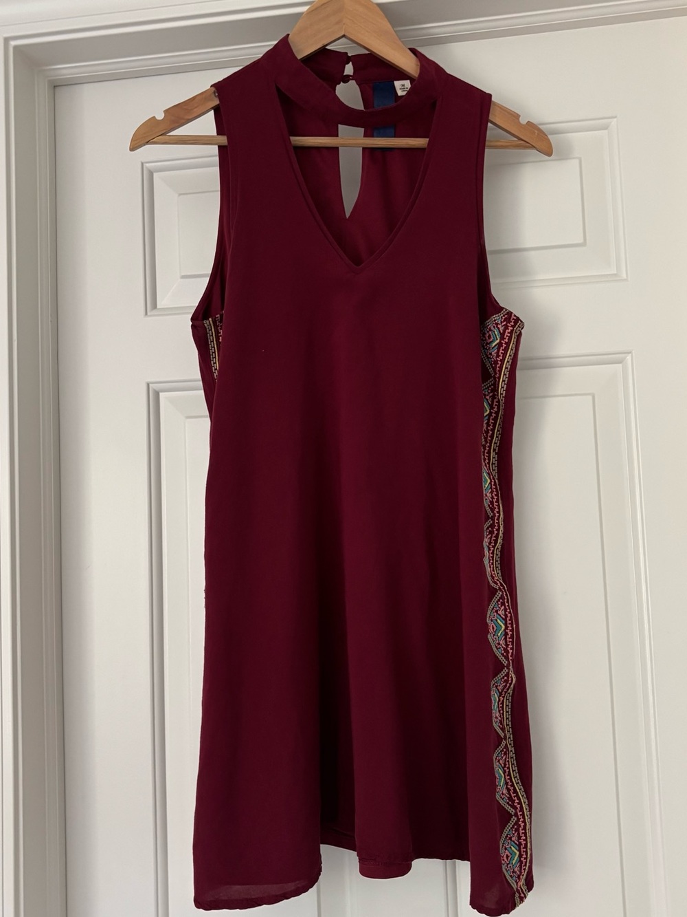 Burgundy Aztec Embroidered Boho Choker Neck Blue Rain Shift Dress